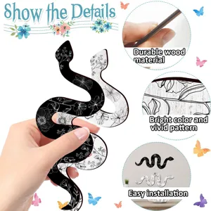 Close-up detail of wooden snake wall sticker showing durable material and vivid floral pattern.