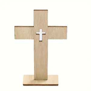 Wooden cross decor detail shot showing natural wood texture and hollow cross center piece.