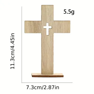 Wooden cross ornament detail view showing exact dimensions and weight for party decor.