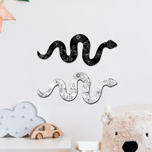 Bohemian wooden snake wall art decor set, black and white floral carved hanging sculpture for home.