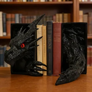 Harz Drachen Buchstützen mit leuchtenden roten Augen, kreative Fantasie Deko für das Bücherregal.