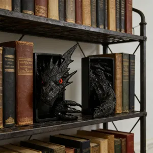 Nahaufnahme gotischer Harz Drachen Buchstützen mit roten Augen auf antiken Regalen.