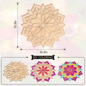 Wooden mandala flower carving detail showing 12.2 inch size and DIY coloring color options.