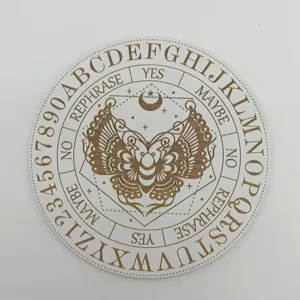 Wooden dowsing board engraved with alphabet, numbers and moth design for meditation and home decor.