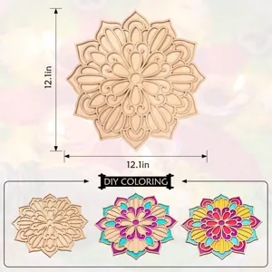 Wooden mandala flower wall hanging and DIY coloring coaster for Indian Diwali festival decor.