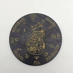 Wooden dowsing pendulum board with engraved cat and zodiac design for meditation and home decor.