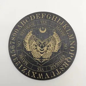 Wooden laser engraved moth pattern meditation tray detail view, mysterious home decor.