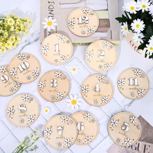 Wooden baby monthly milestone cards with 3D daisy decorations for newborn photography props.