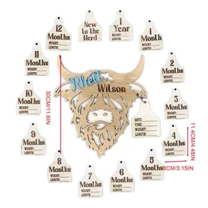 Wooden Highland Cow Baby Milestone Markers Set with Custom Name and Monthly Wood Tags