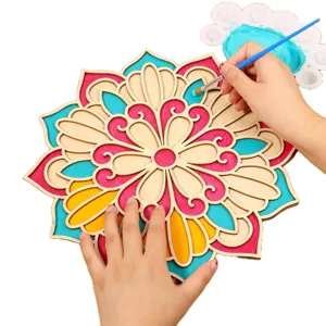 Detailed view of DIY wooden mandala flower wall decor with paint set for crafting.