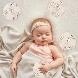 Wooden baby monthly milestone cards featuring 3D daisies for newborn photography props.