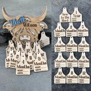 Highland cow milestone wooden tags set, newborn monthly growth tracker sign board.