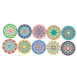 Detailed view of DIY mandala wooden painting coasters, vibrant colors for kids crafts.