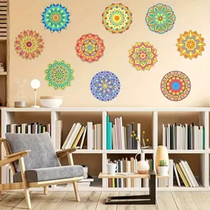 Mandala wooden painting board diy craft set detail scene showing colorful floral wooden coasters.
