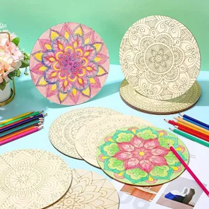 Kids DIY wooden mandala coaster painting set unpainted blank wood slices with colored pencils