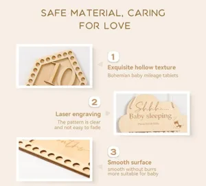 Close-up detail of wooden baby sleeping door sign with smooth surface and laser engraving.