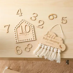Nordic Wooden Baby Sleeping Door Sign Growth Milestone Monthly Cards Set Nursery Room Decor Photography Props