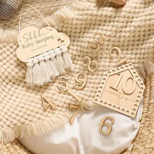 Nordic wooden baby sleeping door sign and monthly milestone plaque set with cute tassel details.