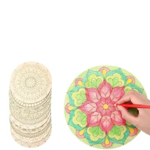 Kids DIY wooden mandala painting coaster set, unpainted blank wood slices for creative art.