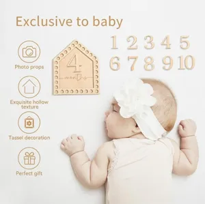 Wooden baby milestone card set with monthly numbers for newborn photography props gift.