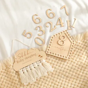 Nordic wooden baby sleeping door sign set milestone numbers hanging plaque kids room decor