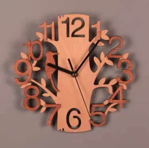 Modern wooden wall clock with creative forest tree and bird design for living room decor.