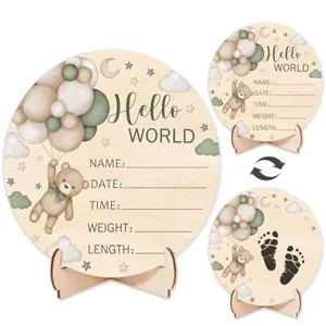 Wooden newborn milestone plaque with cute teddy bear design, baby birth record sign props.