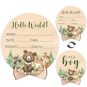 Wooden baby milestone birth announcement sign with cute woodland animals, hello world plaque.