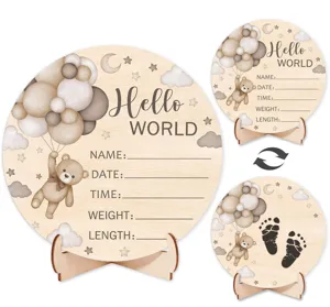 Wooden baby milestone Hello World birth announcement sign with cute teddy bear and record card.