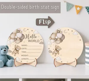 Double-sided wooden birth stat sign with cute teddy bear, newborn milestone photo prop.