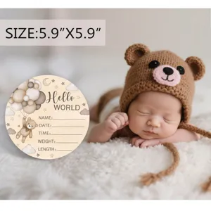 Wooden newborn hello world milestone sign for baby birth record and photography prop.