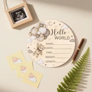 Wooden newborn birth milestone sign with hello world design and baby stats tracking fields for memory.