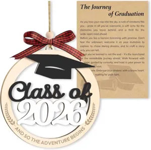Wooden 2026 graduation hanging ornament with plaid bow and greeting card for party decor.
