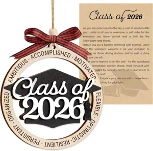 2026 graduation wooden hanging ornament with plaid bow, creative holiday gift pendant.