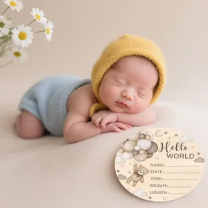 Newborn baby milestone wooden sign with cute teddy bear design and photography props set.