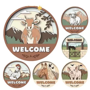 Wooden Farmhouse Welcome Board 3D Layered Animal Hanging Sign Rustic Country Wall Decor For Home Front Door Decoration