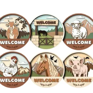 Wooden farmhouse welcome board with cute animal layered designs, ideal for rustic home decor.