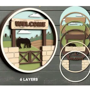 Rustic farmhouse wooden welcome sign with six layered horse and animal design for door decor