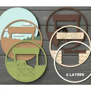 Detailed view of wooden farmhouse animal welcome board with layered rustic barn and horse design.