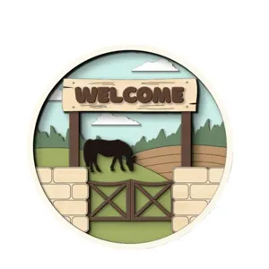 Detailed view of the layered wooden farm welcome sign, featuring a horse and fence design.