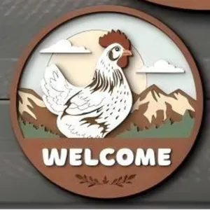 Detailed view of the layered wooden farm animal welcome sign featuring a cute chicken design.