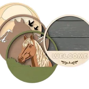 Wooden welcome board multi-layer carved horse animal farm craft wall hanging home decor detail