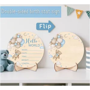 Double-sided wooden birth stat sign newborn baby milestone card with cute teddy bear design.