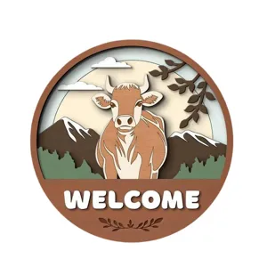Wooden animal farm welcome board with cute cow design, perfect for home farmhouse wall decor.