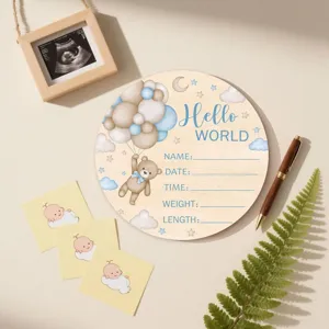 Wooden newborn milestone sign with cute teddy bear, hello world baby stats announcement plaque.