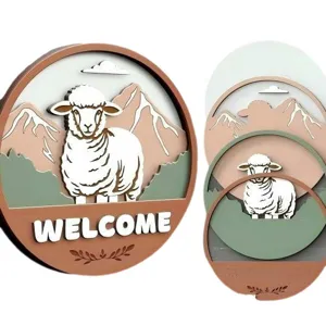 Wooden animal welcome board farmhouse wall decor cute sheep layered hanging sign plaque