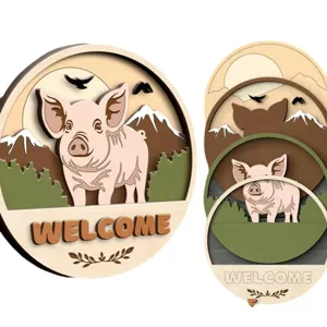 Wooden farm animal welcome board detail showing multi-layered pig design and craftsmanship.