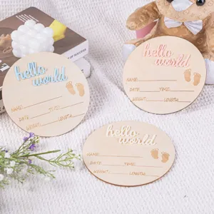 Targa nascita neonato in legno rotonda hello world targhetta milestone supporto foto