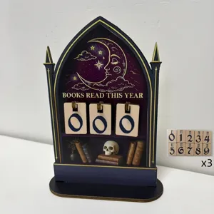 Gothic wooden book reading tracker desktop ornament with number cards for reading goals.