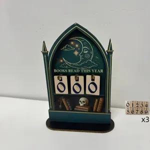 Wooden reading tracker stand with gothic arch design, book count display and number cards.
